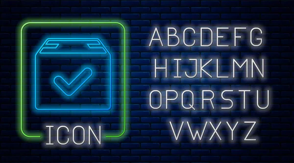 Caja de paquete de neón brillante con icono de marca de verificación aislado en el fondo de la pared de ladrillo. Casilla de paquete con marca de verificación. Entrega aprobada o recibo del paquete con éxito. Alfabeto de luz de neón. Ilustración vectorial — Vector de stock