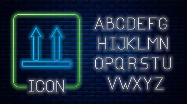 Fluo lumineux Cette icône latérale vers le haut isolé sur fond de mur de briques. Deux flèches indiquant le côté supérieur de l'emballage. Fret manipulé de sorte que ces flèches pointent toujours vers le haut. Alphabet néon. Illustration vectorielle — Image vectorielle