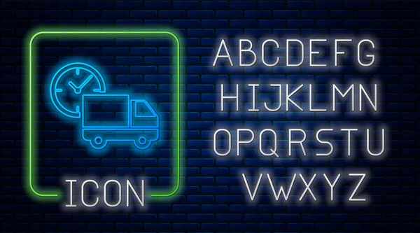 Gloeiende neon Logistiek vrachtwagen en klok pictogram geïsoleerd op baksteen muur achtergrond. Levertijd icoon. Neon licht alfabet. Vector Illustratie — Stockvector