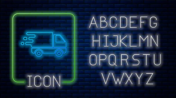 Gloeiende neon Levering vrachtwagen in beweging pictogram geïsoleerd op baksteen muur achtergrond. Snelle verzending vrachtwagen. Neon licht alfabet. Vector Illustratie — Stockvector