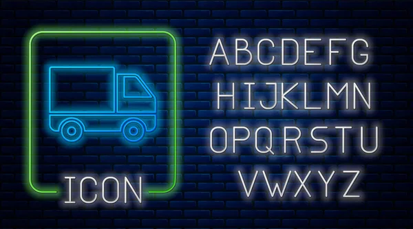 Gloeiende neon Levering vrachtwagen voertuig pictogram geïsoleerd op baksteen muur achtergrond. Neon licht alfabet. Vector Illustratie — Stockvector