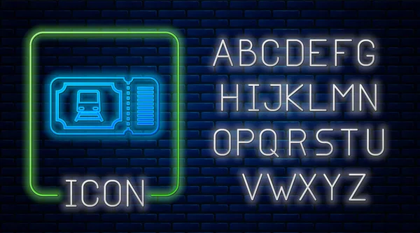ネオンの輝きレンガの壁の背景に隔離された列車のチケットアイコン。鉄道で旅行する。ネオンライトアルファベットベクターイラスト — ストックベクタ