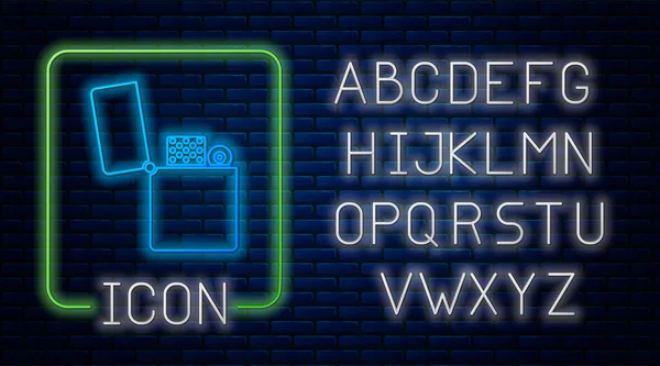 Gloeiende neon lichter pictogram geïsoleerd op bakstenen muur achtergrond. Neon licht alfabet. Vector illustratie — Stockvector