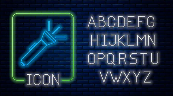 Leuchtende Neon Taschenlampe Symbol isoliert auf Backsteinwand Hintergrund. Neonlicht-Alphabet. Vektorillustration — Stockvektor
