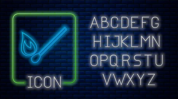 Светящийся неон Сожжение спички с огнем значок изолирован на фоне кирпичной стены. Матч с огнем. Спички вывеска. Неоновый легкий алфавит. Векторная миграция — стоковый вектор