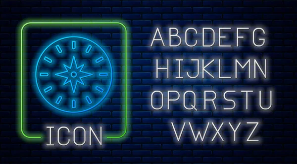 Gloeiend neon kompas pictogram geïsoleerd op baksteen muur achtergrond. Windrose navigatiesymbool. Windroos teken. Neon licht alfabet. Vector Illustratie — Stockvector