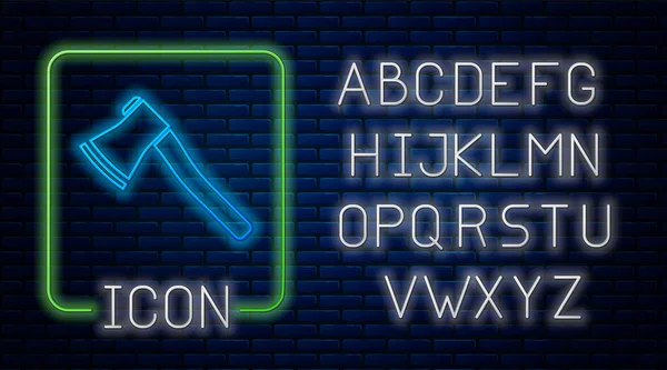 Gloeiende neon Houten bijl pictogram geïsoleerd op bakstenen muur achtergrond. Een houthakkerbijl. Neon licht alfabet. Vector Illustratie — Stockvector