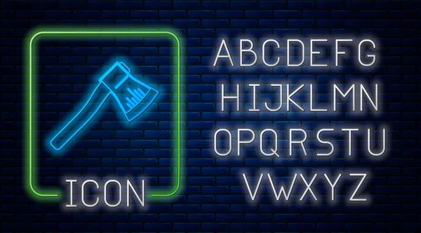 Ícone de machado de madeira de néon brilhante isolado no fundo da parede de tijolo. Machado de lenhador. Alfabeto claro de néon. Ilustração vetorial —  Vetores de Stock