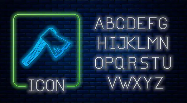 Leuchtende Neon alten hölzernen Axt Symbol isoliert auf Backsteinwand Hintergrund. Holzfällerbeil. Neonlicht-Alphabet. Vektorillustration — Stockvektor