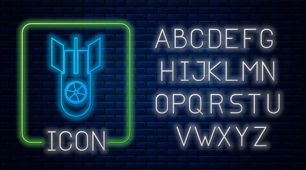 Leuchtende Neon-Atombomben-Ikone isoliert auf Backsteinmauer Hintergrund. Rakete fliegt herunter. Neonlicht-Alphabet. Vektorillustration — Stockvektor