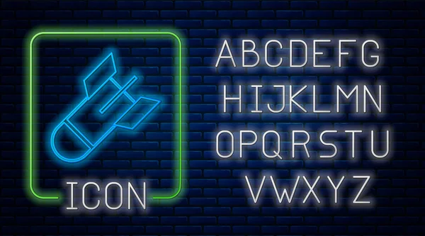 レンガの壁の背景に隔離された輝くネオン航空爆弾のアイコン。ロケット爆弾が飛んでいくネオンライトアルファベット。ベクトルイラストレーション — ストックベクタ
