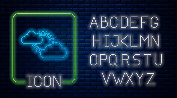 Gloeiende neon zon en wolk weer pictogram geïsoleerd op baksteen muur achtergrond. Neon licht alfabet. Vector Illustratie — Stockvector