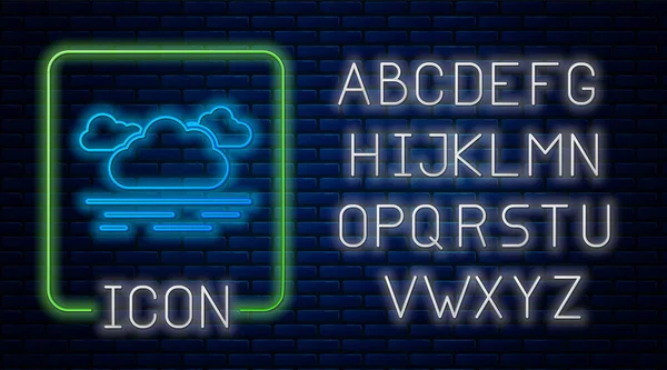 Gloeiende neon wolk pictogram geïsoleerd op bakstenen muur achtergrond. Neon licht alfabet. Vector illustratie — Stockvector