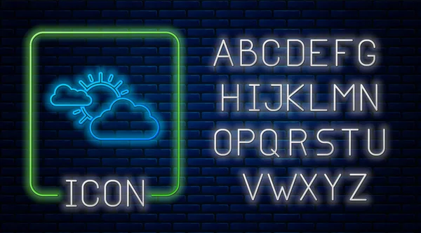 Leuchtende Neon-Sonne und Wolken-Wetter-Ikone isoliert auf Backsteinmauer Hintergrund. Neonlicht-Alphabet. Vektorillustration — Stockvektor
