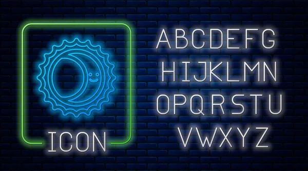 Leuchtende Neon Eclipse des Sonnensymbols isoliert auf Backsteinwand Hintergrund. Totale Sonarfinsternis. Neonlicht-Alphabet. Vektorillustration — Stockvektor