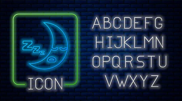 Parlayan neon ay simgesi tuğla duvar arka planında izole edildi. Bulutlu gece işareti. Uyku rüyalarının sembolü. Gece ya da yatak zamanı tabelası. Neon ışıklı alfabe. Vektör İllüstrasyonu — Stok Vektör