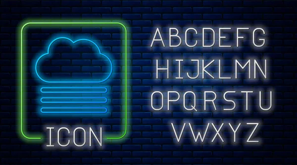 Świecąca neonowa mgła i ikona chmury odizolowane na tle cegły. Neonowy alfabet świetlny. Ilustracja wektora — Wektor stockowy