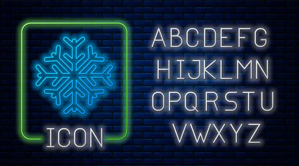 Icona luminosa al neon Fiocco di neve isolato su sfondo muro di mattoni. Alfabeto della luce al neon. Illustrazione vettoriale — Vettoriale Stock
