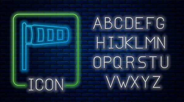 Brilhante neon Cone meteorologia windsock vento vane ícone isolado no fundo da parede de tijolo. Windsock indica a direção e a força do vento. Alfabeto claro de néon. Ilustração vetorial —  Vetores de Stock