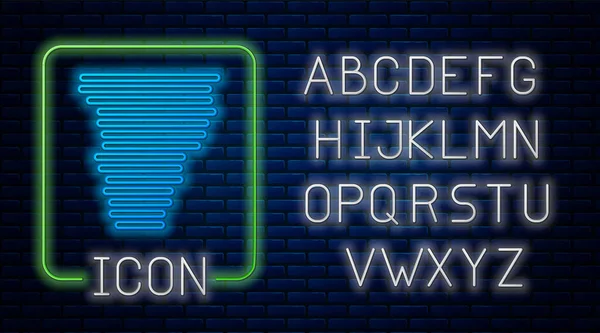 Ragyogó neon Tornádó ikon elszigetelt téglafal háttér. Ciklon, forgószél, vihar tölcsér, hurrikán szél vagy forgószél ikon. Neonfény ábécé. Vektorillusztráció — Stock Vector