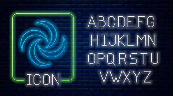 Parlayan neon tornado simgesi tuğla duvar arka planında izole edildi. Kasırga, kasırga, fırtına bacası, kasırga ya da hortum ikonu. Neon ışıklı alfabe. Vektör İllüstrasyonu — Stok Vektör