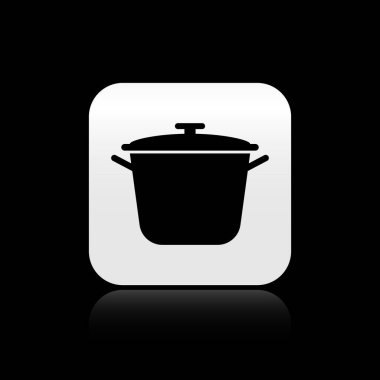 Siyah arkaplanda izole edilmiş siyah tencere ikonu. Haşlama ya da güveç besin sembolü. Gümüş kare düğme. Vektör İllüstrasyonu