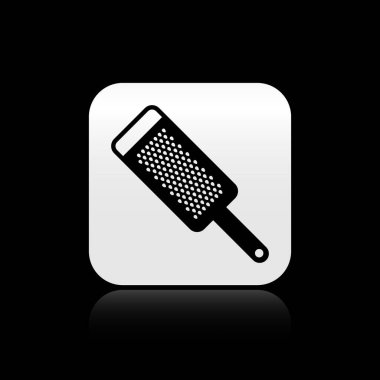 Kara Grater simgesi siyah arkaplanda izole edildi. Mutfak sembolü. Mutfak aletleri. Çatal bıçak seti. Gümüş kare düğme. Vektör İllüstrasyonu