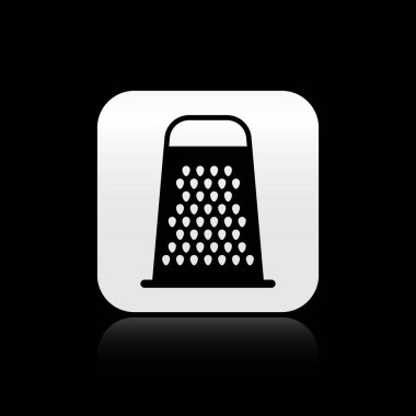 Kara Grater simgesi siyah arkaplanda izole edildi. Mutfak sembolü. Mutfak aletleri. Çatal bıçak seti. Gümüş kare düğme. Vektör İllüstrasyonu