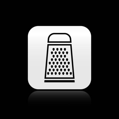 Kara Grater simgesi siyah arkaplanda izole edildi. Mutfak sembolü. Mutfak aletleri. Çatal bıçak seti. Gümüş kare düğme. Vektör İllüstrasyonu