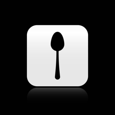 Siyah arkaplanda siyah kaşık simgesi izole edildi. Mutfak aletleri. Çatal bıçak seti. Gümüş kare düğme. Vektör İllüstrasyonu