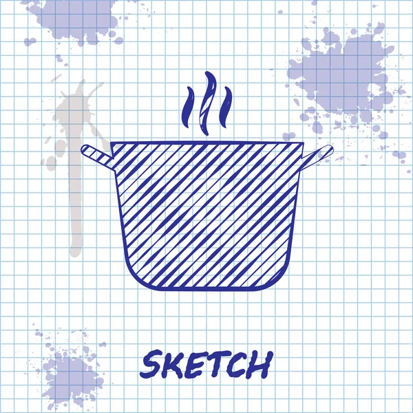 Sketch line Ícone do pote de cozinha isolado no fundo branco. Ferva ou guisado símbolo de comida. Ilustração vetorial — Vetor de Stock