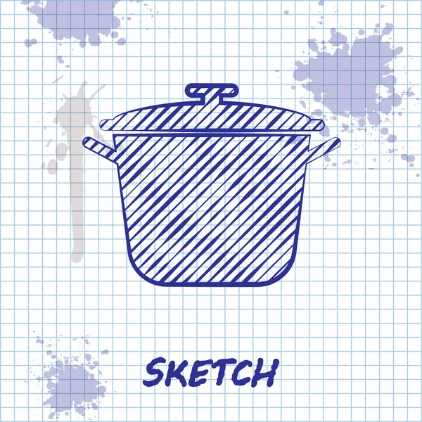 Sketch line Ícone do pote de cozinha isolado no fundo branco. Ferva ou guisado símbolo de comida. Ilustração vetorial — Vetor de Stock