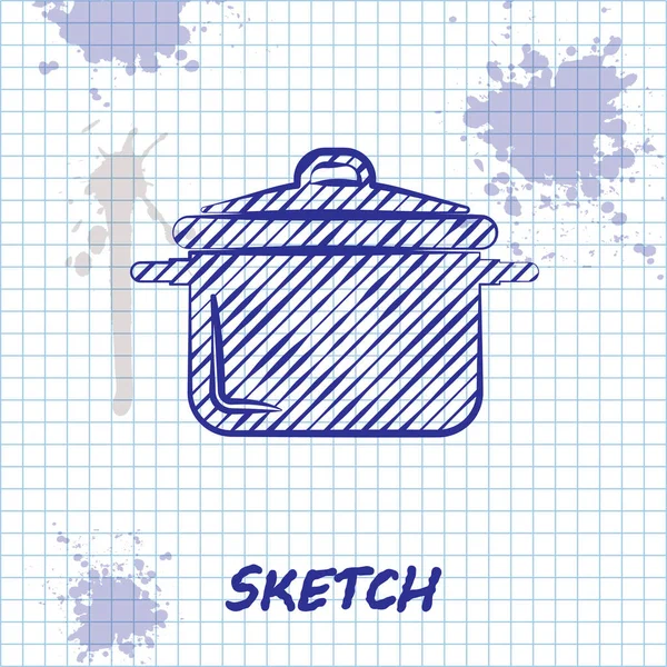 Sketch line Ícone do pote de cozinha isolado no fundo branco. Ferva ou guisado símbolo de comida. Ilustração vetorial — Vetor de Stock