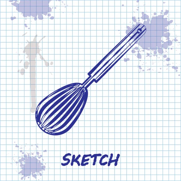 Línea de boceto Icono de batidor de cocina aislado sobre fondo blanco. Utensil de cocina, batidor de huevos. Signo de cubertería. Comida mezcla símbolo. Ilustración vectorial — Archivo Imágenes Vectoriales