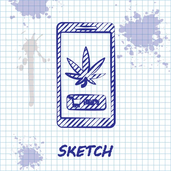 Sketch line Telefone celular e maconha medicinal ou ícone de folha de cannabis isolado no fundo branco. Símbolo de compra online. Cesta de supermercado. Ilustração vetorial — Vetor de Stock