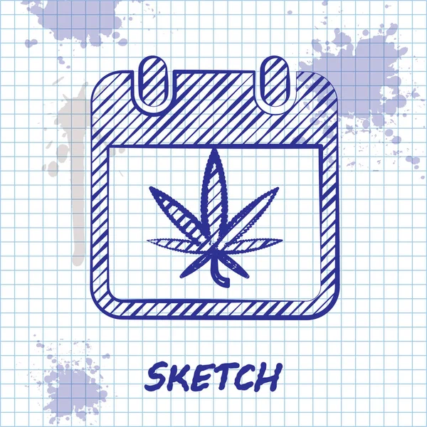 Sketch line Calendário e maconha ou ícone de folha de cannabis isolado no fundo branco. Dia nacional da erva. Símbolo de cânhamo. Ilustração vetorial — Vetor de Stock