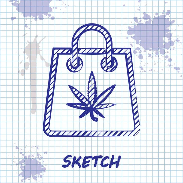 Línea de bocetos Bolsa de papel de compras de marihuana medicinal o icono de hoja de cannabis aislado sobre fondo blanco. Comprar cannabis. Un símbolo de cáñamo. Ilustración vectorial — Vector de stock