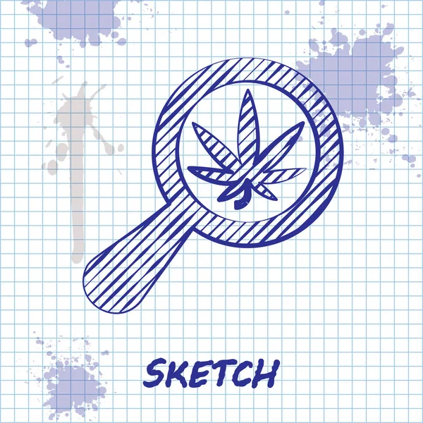 Línea de bocetos Icono de lupa y marihuana medicinal o hoja de cannabis aislado sobre fondo blanco. Un símbolo de cáñamo. Ilustración vectorial — Vector de stock