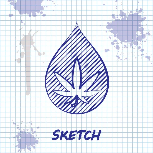 Sketch line Medical marijuana or cannabis leaf olive oil drop icon isolated on white background. Extrato de cannabis. Símbolo de cânhamo. Ilustração vetorial — Vetor de Stock