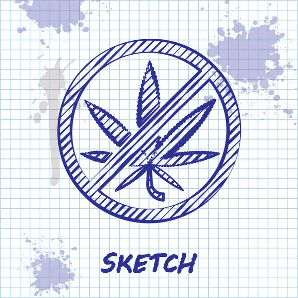 Skizze Linie Stop Marihuana oder Cannabis Blatt Symbol isoliert auf weißem Hintergrund. kein Rauchen von Marihuana. Hanf-Symbol. Vektorillustration — Stockvektor