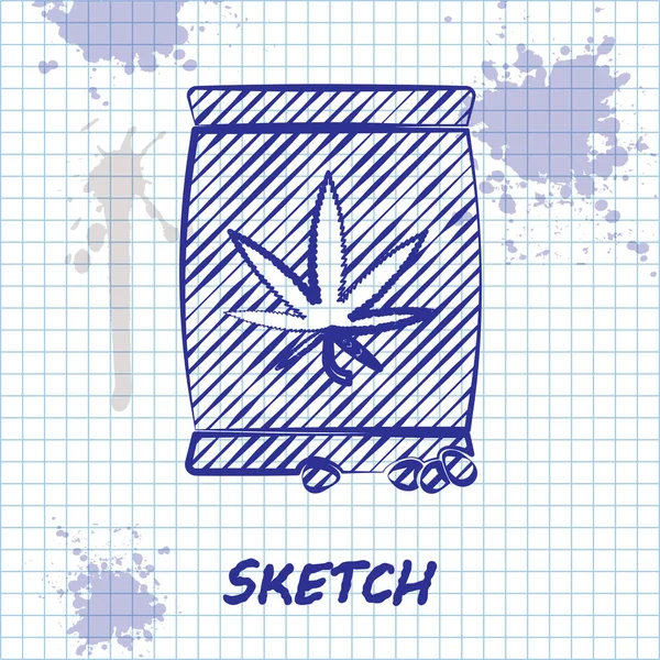 素描线大麻或大麻籽在袋状图标中，白色背景隔离。 大麻的符号。 种植大麻的过程。 病媒图解 — 图库矢量图片