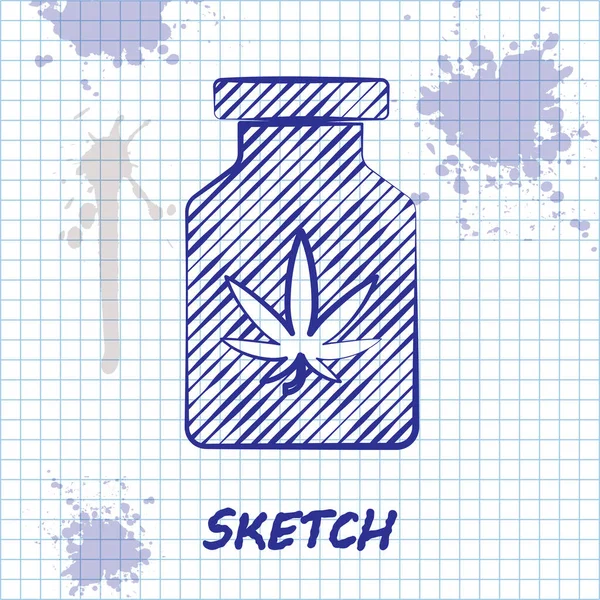 Sketch line Garrafa médica com maconha ou ícone de folha de cannabis isolado no fundo branco. Mock up de extratos de óleo de cannabis em frascos. Ilustração vetorial — Vetor de Stock