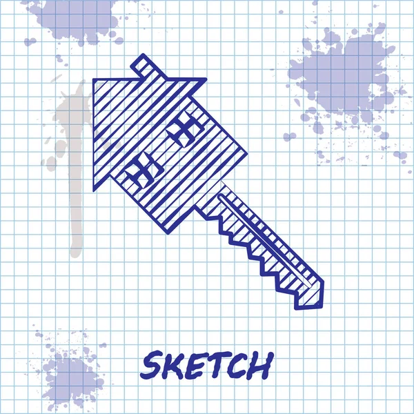 Sketch line House com ícone de chave isolado no fundo branco. O conceito da casa chave na mão. Ilustração vetorial —  Vetores de Stock