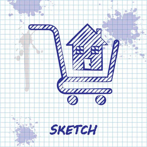 Sketch line Shopping cart with house icon isolated on white background. Buy house concept. Home loan concept, rent, buying a property. Vector Illustration — Stock Vector