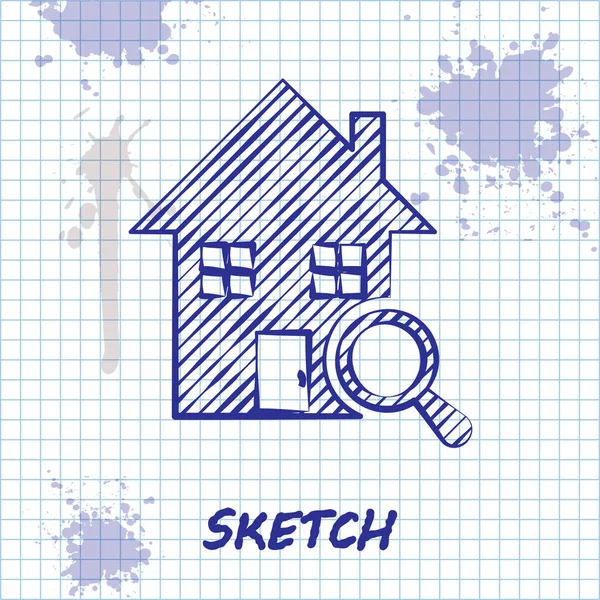 Sketch line Search house icon isolated on white background. Real estate symbol of a house under magnifying glass. Vector Illustration — Stock Vector