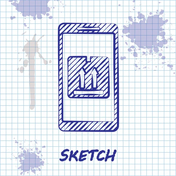 Skizze Linie Mobiltelefon mit App Lieferung Tracking-Symbol isoliert auf weißem Hintergrund. Paketverfolgung. Vektorillustration — Stockvektor