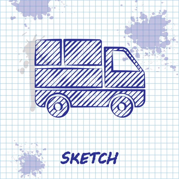 Skica line Dodávka kamion s lepenkovými krabicemi za ikonou izolované na bílém pozadí. Vektorová ilustrace — Stockový vektor