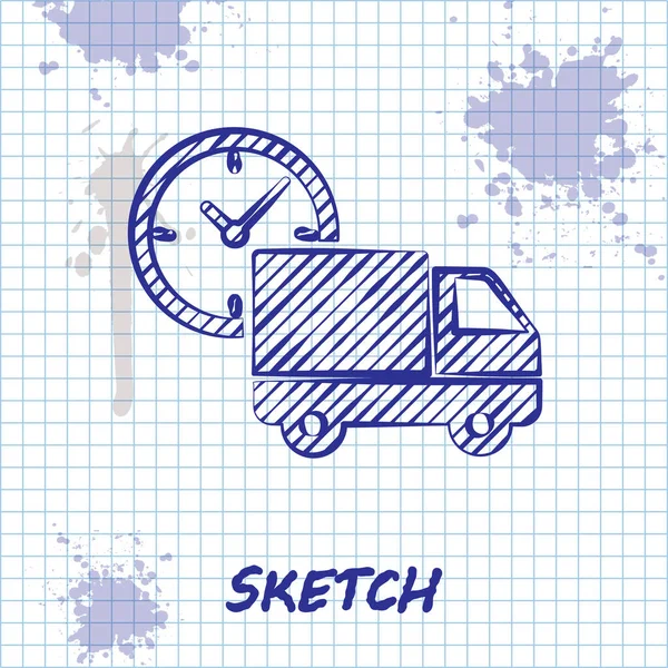 Sketch line Logistics delivery truck and clock icon isolated on white background. Delivery time icon. Vector Illustration — Stock Vector