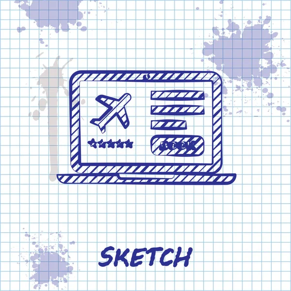 Sketch line Laptop com cartão eletrônico de embarque ícone bilhete de avião isolado no fundo branco. Passageiro avião bilhete móvel para web e app. Ilustração vetorial — Vetor de Stock