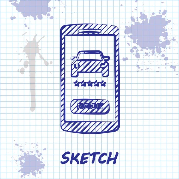 Sketch line Online auto sdílení ikona izolované na bílém pozadí. Online půjčovna aut. Koncept on-line rezervace designu pro mobilní telefon. Vektorová ilustrace — Stockový vektor